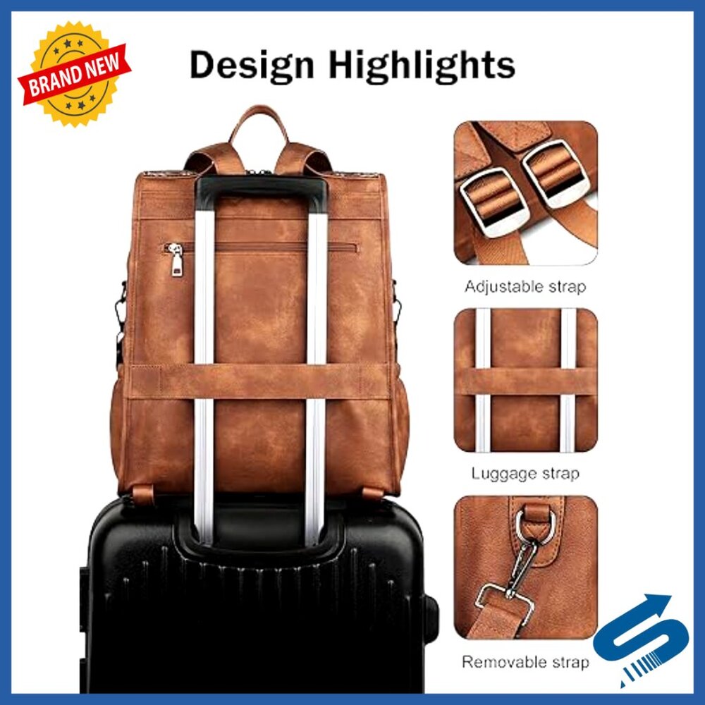 Leather Laptop Backpack Designer Work Travel Computer Bag Vegan Leather - Picture 6 of 6